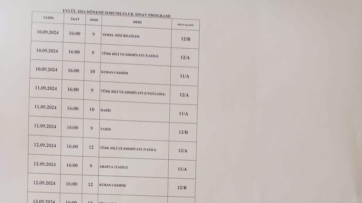 Eylül 2024 Sorumluluk Sınav Programı