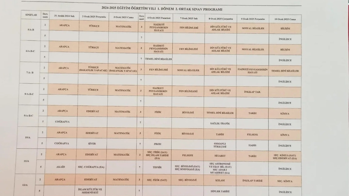 2024-2025 Eğitim Öğretim yılı 1. Dönem 2.Ortak Sınav Takvimi 